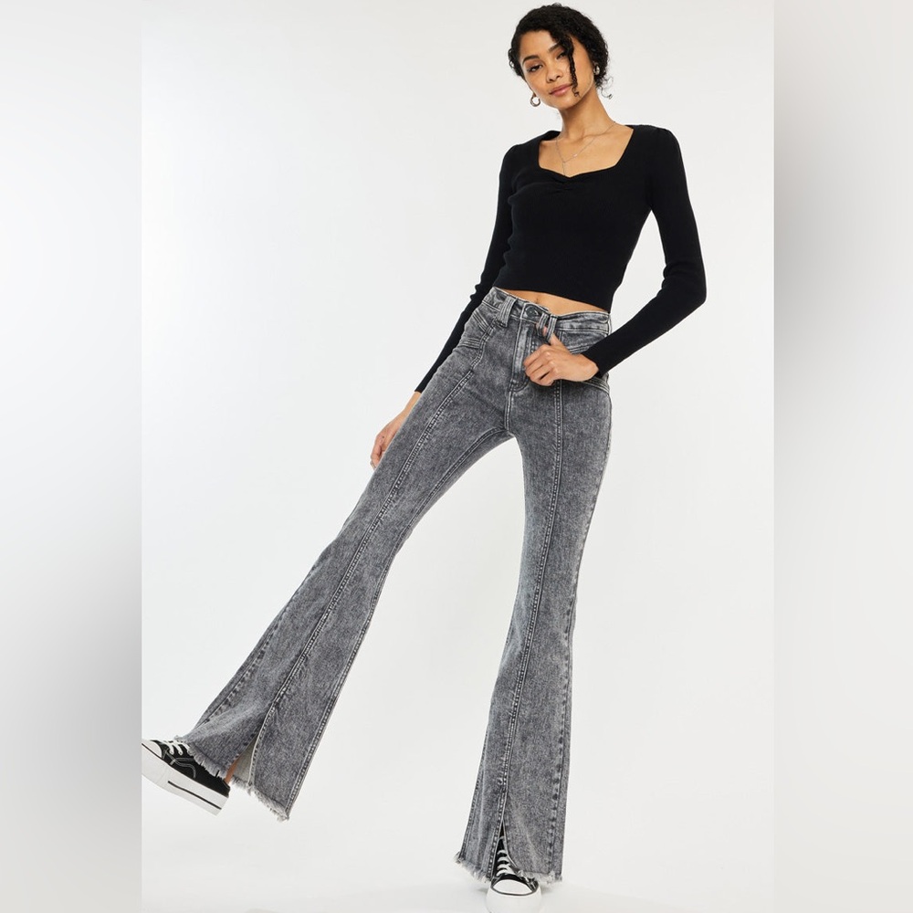 KanCan Women's Lucine High Rise Black Wash Flare Jeans